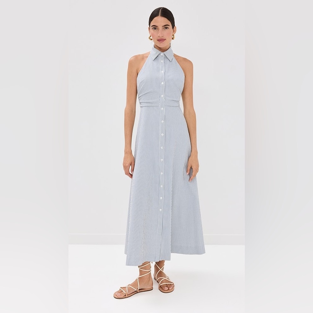 Veronica Beard Mackey Seersucker Halter Dress | Khaki|White